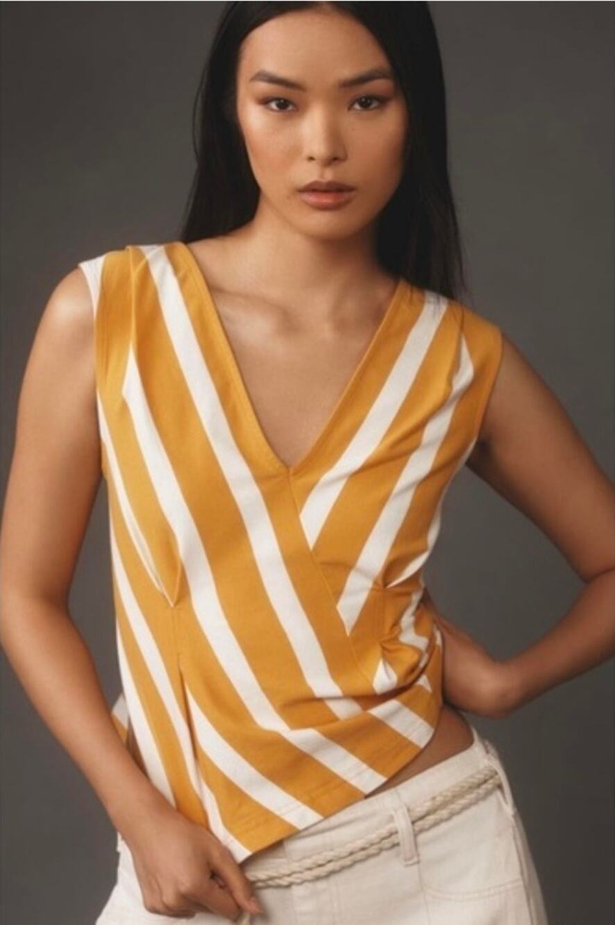 Maeve Anthropologie Yellow White Stripe Sleeveless Peplum V-neck Blouse Small